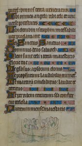 Bas-de-page-Szene zeigt Thomas Becket und Gefährten, die den Kanal in einem Boot überqueren, während sie ins Exil nach Frankreich reisen, Illustration aus dem 