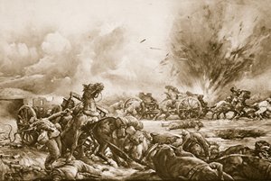 Bayerische Batterie von britischem Geschützfeuer getroffen, während sie südlich der Rapaume-Straße aufbricht, 1914-19