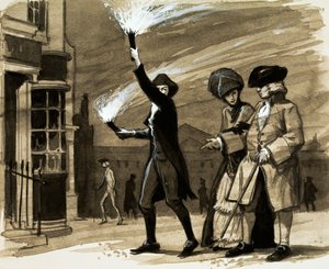 Vor Straßenlaternen beschäftigten die Reichen Menschen, die Fackeln hielten, um ihre Abendspaziergänge zu beleuchten von English School