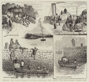 Bevor die Forth Bridge existierte, Überquerung des Forth vor fünfundzwanzig Jahren (Gravur) von English School