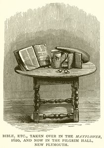 Bibel usw., die mit der Mayflower, 1620, nach New Plymouth gebracht wurden und jetzt in der Pilgrim Hall sind von English School