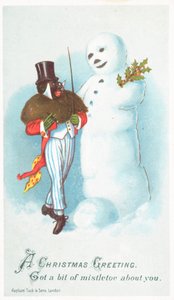 Schwarzer Mann spricht mit Schneemann, Weihnachtskarte von English School