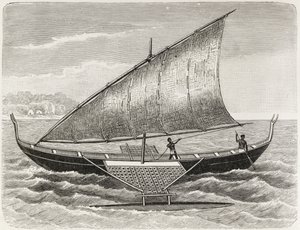 Boot der Mortlock-Inseln, mit Ausleger und Segel aus Schilfrohrmatten, aus 