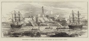 Bombardierung von Mombasa durch HMS Nassau und Rifleman und Boote der HMS London (Stich) von English School