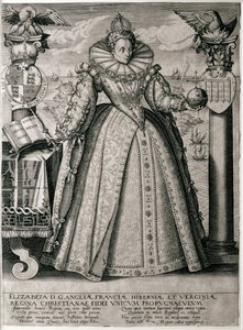 Buch-Frontispiz, das die glückliche und erfolgreiche Herrschaft von Königin Elisabeth I. feiert, 1596 von English School