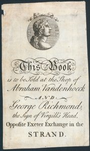 Buchplatte, dieses Buch wird im Laden von Abraham Vandenhoeck und George Richmond verkauft von English School