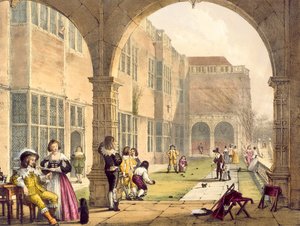 Bowls auf der Terrasse in Bramshill im Jahr 1600, aus Architektur des Mittelalters von Joseph Nash, veröffentlicht 1838
