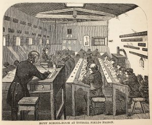 Schulraum für Jungen im Tothill Fields Prison, Illustration aus The Criminal Prisons of London and Scenes from Prison Life von Henry Mayhew und John Binny, veröffentlicht 1862