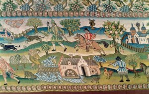 Bradford Tischteppich, Detail von Szenen des Landlebens, spätes 16. Jahrhundert