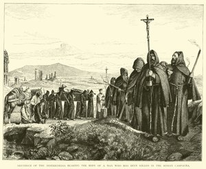 Brüder der Misericordia tragen den Körper eines getöteten Mannes in der römischen Campagna