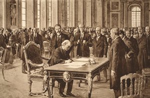 Der britische Premierminister unterzeichnet den Friedensvertrag mit Deutschland im Spiegelsaal von Versailles, 28. Juni 1919