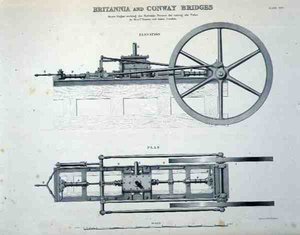 Britannia- und Conway-Brücken: Dampflokomotive, die die hydraulischen Pressen zum Heben der Röhren betreibt, von Messrs Easton und Amos aus London