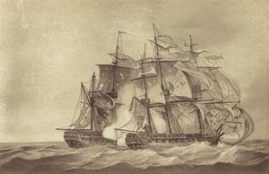 Britische Fregatte HMS Santa Margarita, kommandiert von Kapitän Thomas Byam Martin, erobert die französische Fregatte Tamise, Juni 1796 von English School