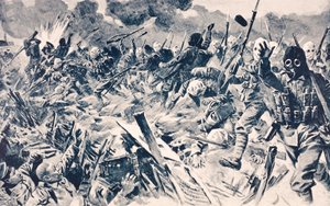 Britische Truppen in Gasmasken stürmen deutsche Schützengräben bei Loos, Frankreich, 25. September 1915, aus 