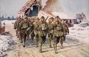 Britische Truppen marschieren unter Winterbedingungen, 1914-19