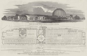 Gebäude für die Große Industrieausstellung, das im Hyde-Park errichtet werden soll (Gravur) von English School