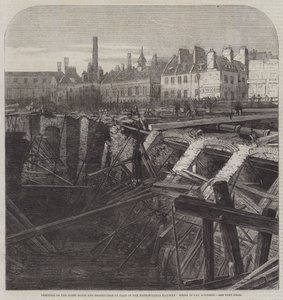 Bruch des Fleet Ditch und Zerstörung eines Teils der Metropolitan Railway, Unfallstelle (Gravur) von English School
