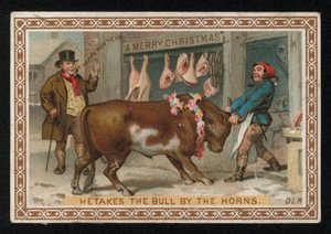 Metzger zieht einen Stier in seinen Laden, Weihnachtsgrußkarte von English School