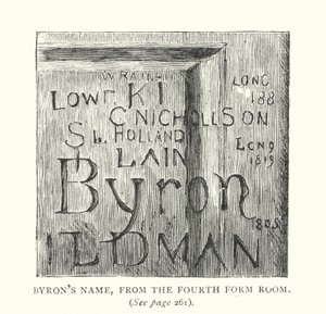 Byrons Name, aus dem Fourth Form Raum (Gravur) von English School