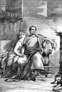 Calpurnia (Calpurnia Pisonis) und Caesar - Julius Caesar - Die Tragödie von Julius Caesar - Illustration in „Gesammelte Werke von William Shakespeare“ 1866 - Die Illustrationen und die allgemeine Form dieser Ausgabe sind von Cassell