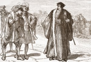 Calvin wird von den Libertinern auf der Rhonebrücke beleidigt, Illustration aus Die Geschichte des Protestantismus von James Aitken Wylie, veröffentlicht 1878 von English School