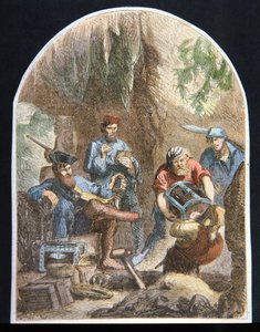 Kapitän William Kidd versteckt einen Schatz in einer Höhle (Farblithografie)