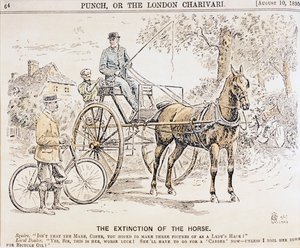 Karikatur über das Aufkommen von Fahrrädern und motorisierten Verkehrsmitteln und das daraus resultierende Ende des Pferdeverkehrs, aus der Zeitschrift Punch, 10. August 1895