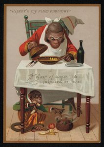 Karikatur von Affen und einem Pflaumenpudding, Neujahrsgrußkarte von English School