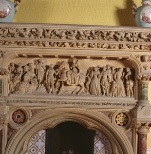 Geschnitzter Kamin im Salon, der zeigt, wie Elisabeth I. 1591 vom Earl of Hereford begrüßt wird, 16. Jahrhundert von English School