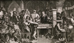 Caxton (ca. 1422-91) zeigt König Edward IV. Druckproben in der Almonry in Westminster, 1858 von English School