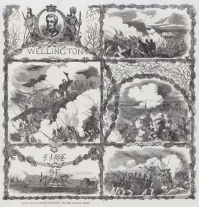 Feiern der Siege des Herzogs von Wellington bei der Belagerung von Seringapatam (1799), der Niederlage von Dhondia Wagh (1800), der Schlacht von Assaye (1803) und der Schlacht von Waterloo (1815) von English School