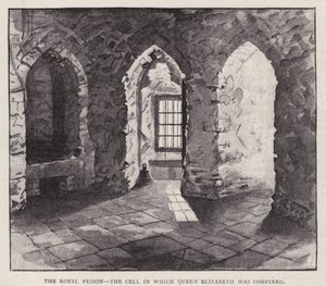 Zelle im Tower of London, in der die zukünftige Königin Elisabeth I. 1554 während der Herrschaft ihrer Halbschwester Maria I. eingesperrt war (Lithografie) von English School