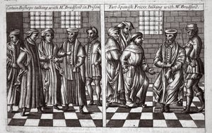 Bestimmte Bischöfe sprechen mit Mr. Bradford im Gefängnis, und zwei spanische Mönche sprechen mit Mr. Bradford, Illustration aus Acts and Monuments von John Foxe, neunte Ausgabe, veröffentlicht 1684