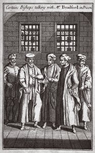 Bestimmte Bischöfe sprechen mit Mr. Bradford im Gefängnis, Illustration aus Foxes Märtyrer, ca. 1703 von English School