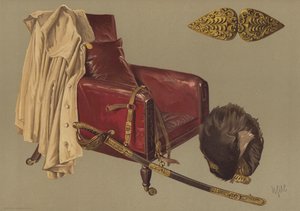 Stuhl und Mantel von Feldmarschall Herzog von Wellington, mit Bärenfell und Schwert der Grenadier Guards (Chromolithografie) von English School