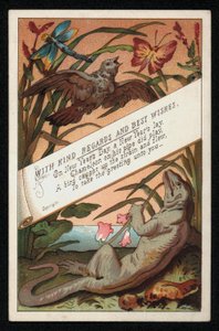 Chamäleon mit Vers und einem Vogel, Neujahrskarte von English School