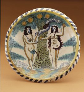 Ladeplatte mit der biblischen Geschichte von Adam und Eva im Garten Eden, ca. 1680