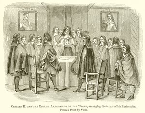 Karl II. und die englischen Botschafter in Den Haag, die Bedingungen seiner Restauration arrangierend von English School