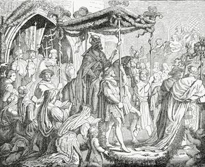 Karl IV., Heiliger Römischer Kaiser, besucht Papst Urban V. in Avignon im Jahr 1365 von English School