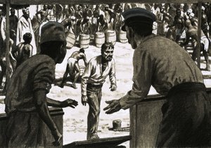 Charles Osborne und Captain Stott legten Fässer Rum am Strand aus von English School