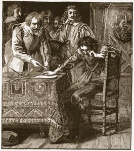 Charles unterzeichnet die Zustimmung zur Verurteilung von Strafford, Illustration aus Cassells Illustrierter Geschichte Englands von English School