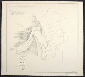 Karte von Dubai im Jahr 1822 von Marinevermessern der Englischen Ostindien-Kompanie, betitelt Trigonometrischer Plan des Hinterwassers von Debai von Leutnant R. Cogan unter der Leitung von Leutnant J. M. Guy, H. C. Marine