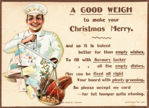 Koch wiegt Briefe und Lebensmittel auf Waage, Weihnachtskarte
