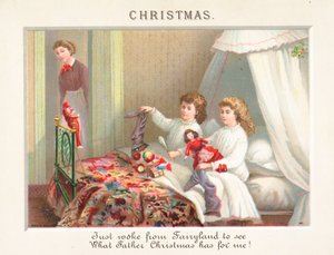 Kinder leeren Strümpfe am Weihnachtsmorgen, Weihnachtskarte