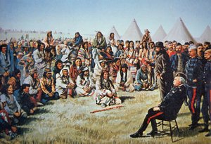 Häuptling Poundmaker ergibt sich General Middleton während der Nordwest-Rebellion von 1885