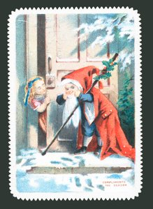 Kind als Weihnachtsmann verkleidet klopft an Tür, Weihnachtskarte von English School