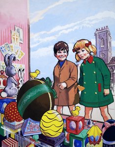Kinder bewundern eine Osterausstellung von English School