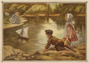 Kinder lassen ein Modellsegelboot zu Wasser von English School