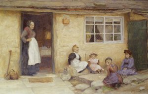 Kinder spielen Würfel vor einem Cottage