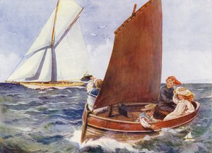 Kinder segeln und beobachten eine vorbeifahrende Yacht (Farblithographie) von English School